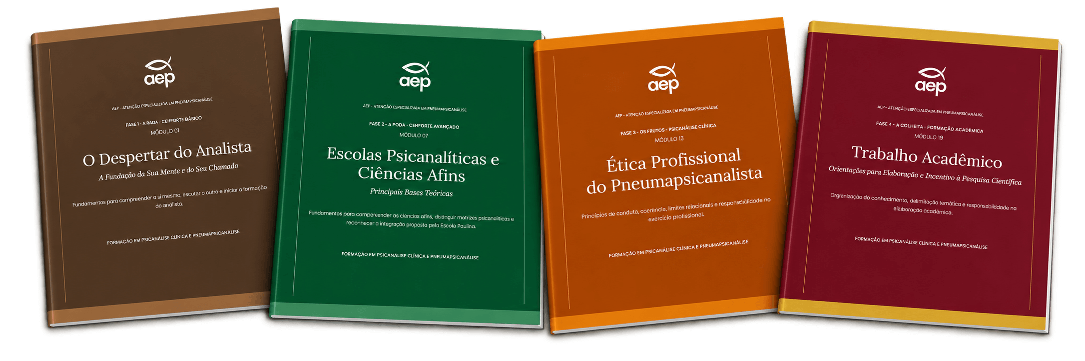 Apostilas físicas da formação: as quatro fases A Raiz, A Poda, Os Frutos e A Colheita